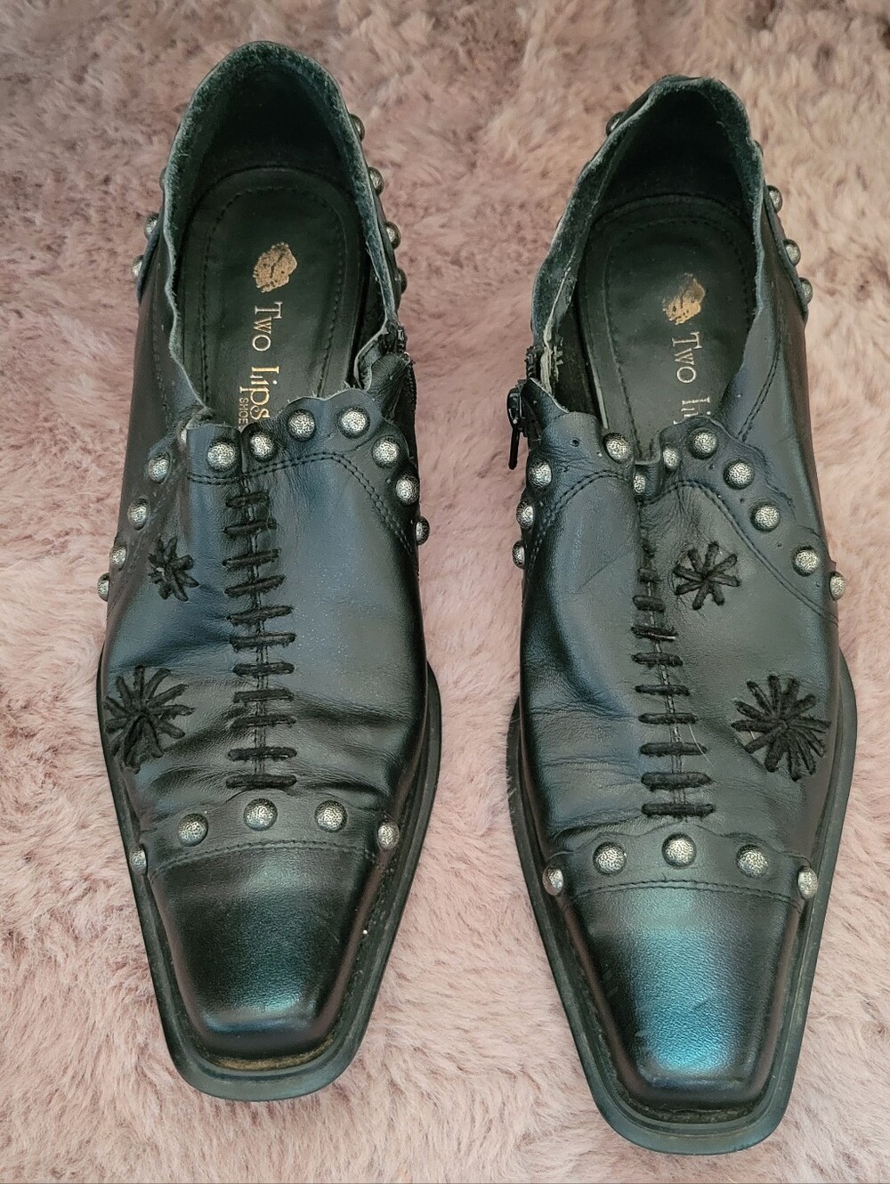 Vintage Two Lips Black Studded Leather Single Zip Booties Size 7.5 - "Clio"